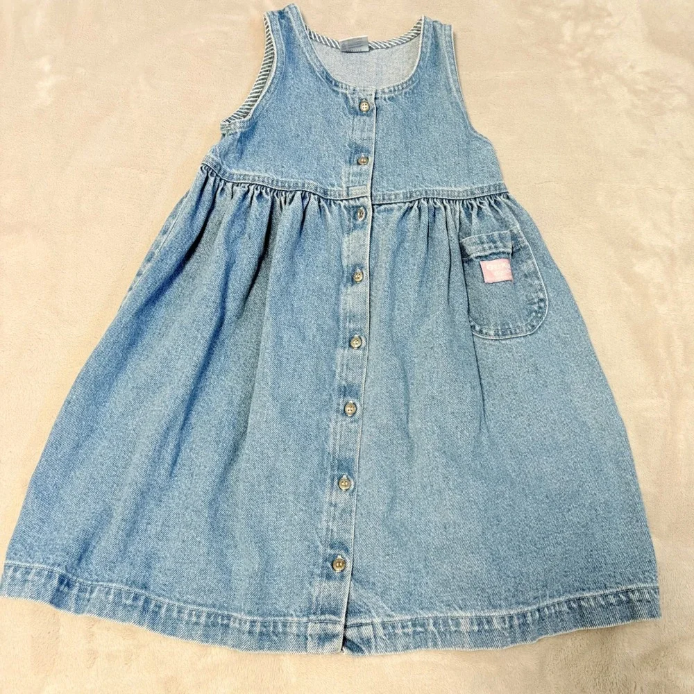 OshKosh Vintage cotton Denim Jumper Dress Kids Blue 6X Sleeveless Button Front